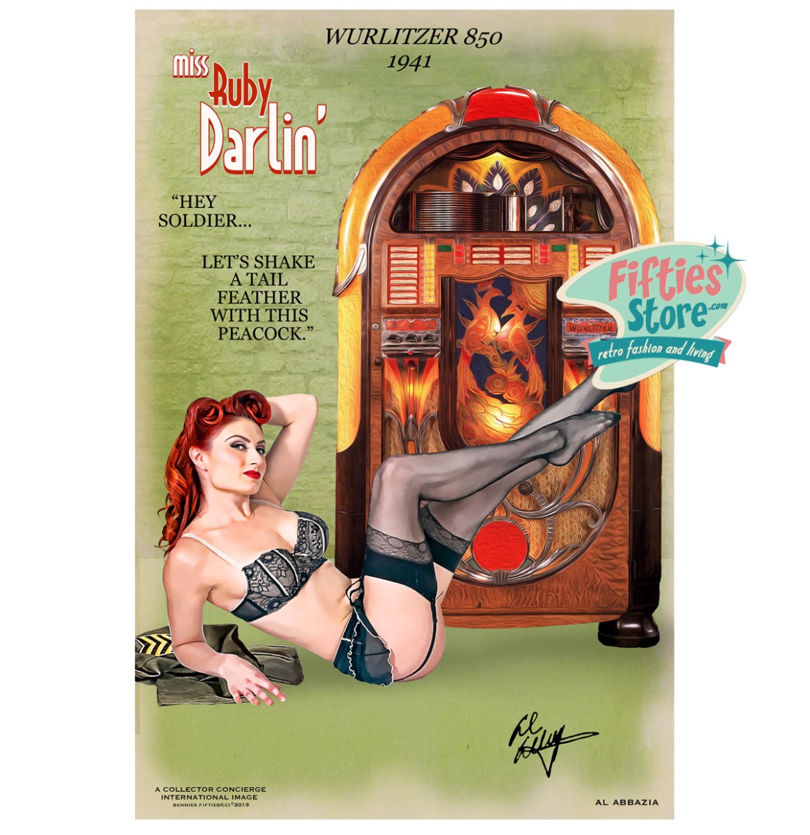 Wurlitzer 850 Jukebox Pin-Up Miss Ruby Darlin Zwaar Metalen Bord 44