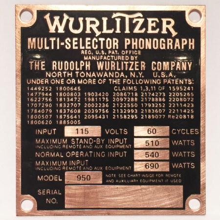 Wurlitzer 950 Brass Typeplaatje Achterzijde Jukebox | Wurlitzer