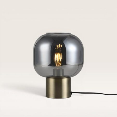 Xelyra - Zwarte Tafellamp Smoke glas 30 cm - Lampenstandaard goud Metaal - Vintage tafellamp - Dressoir lamp - E27 fitting - Met aan/uit-schakelaar | LUSENZ