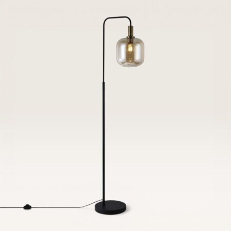 Xirena - Zwarte Staande lamp Metaal 150 cm - Woonkamer lamp - Modern Vintage - E27 fitting - Met voetschakelaar - Amberkleurig glas | LUSENZ