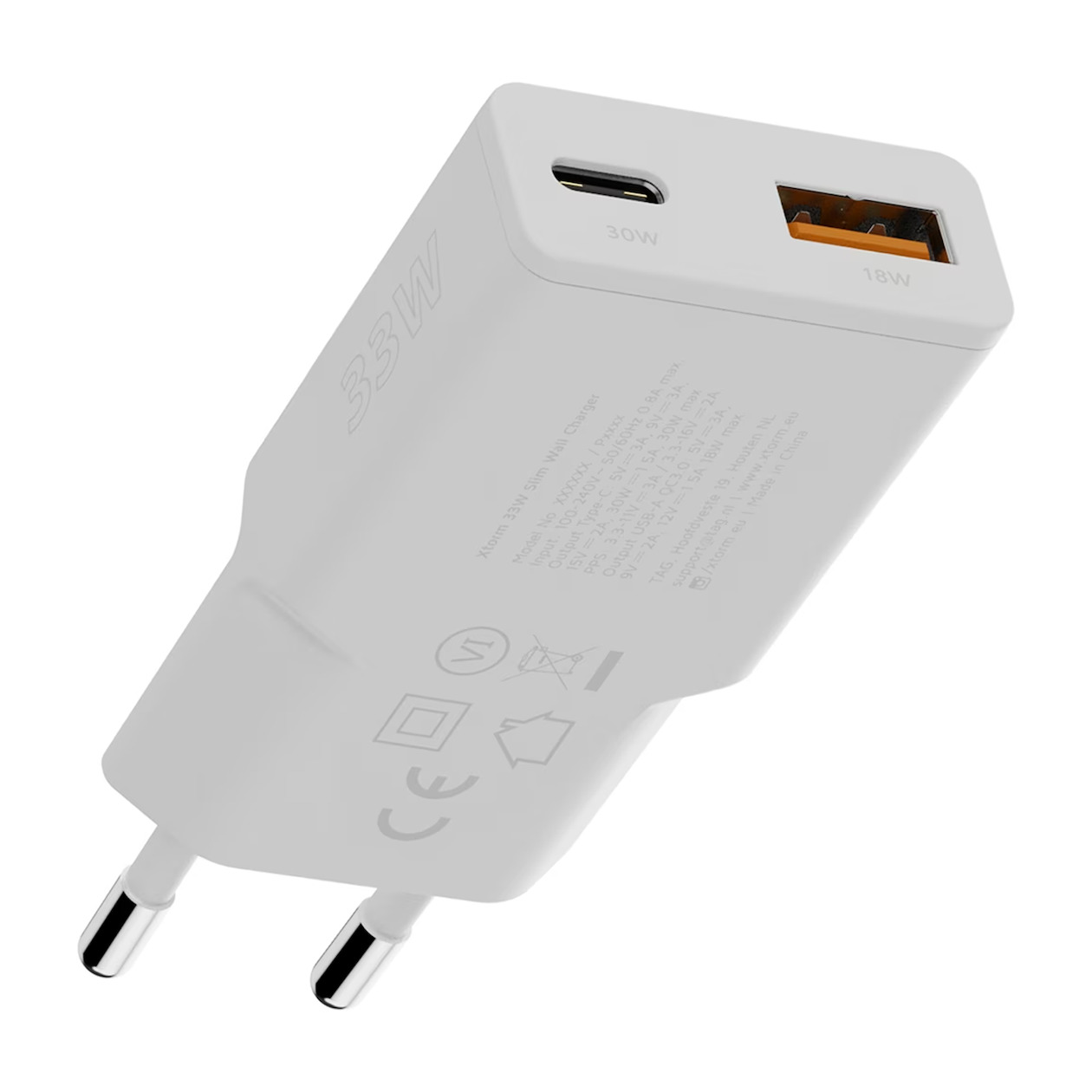 Xtorm Go2 Charger 1xUSB-C/1xUSB-A 33 W Oplader Wit | Xtorm