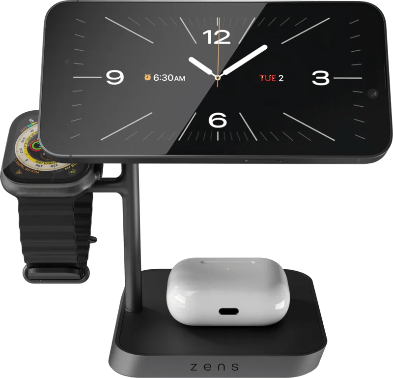 Zens 3-in-1 MagSafe en Qi2 Draadloze Oplader 15W met Standaard en Watch Stand