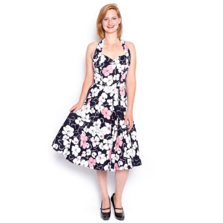 Zwart/ Roze Bloemen Jurk - XS (Gebruikt) | 46% korting | Fiftiesstore