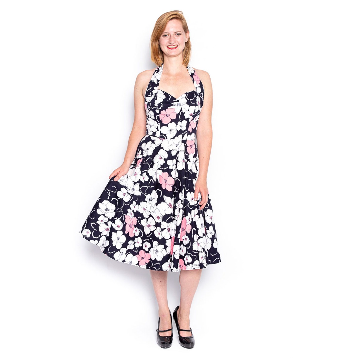 Zwart/ Roze Bloemen Jurk - XS (Gebruikt) | 46% korting | Fiftiesstore