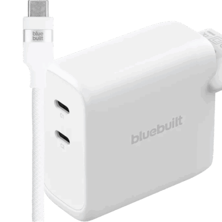 BlueBuilt 100W GaN Oplader met 2 Usb C Poorten Wit + BlueBuilt Usb C Kabel 240W 2m Nylon