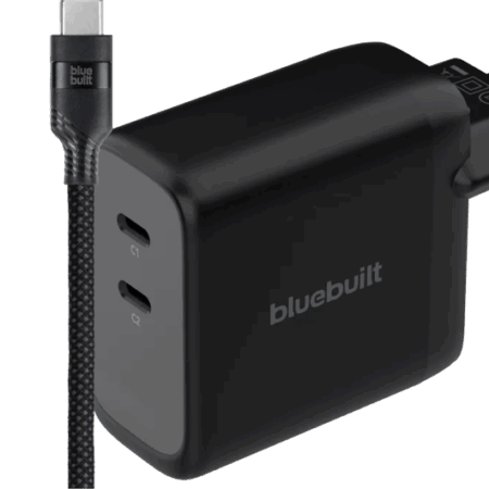 BlueBuilt 100W GaN Oplader met 2 Usb C Poorten Zwart + BlueBuilt Usb C Kabel 240W 2m Nylon