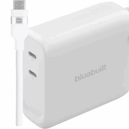BlueBuilt 140W GaN Oplader met 2 Usb C Poorten Wit + BlueBuilt Usb C Kabel 240W 2m Nylon