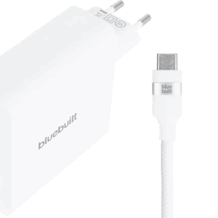 BlueBuilt 140W GaN Usb C Oplader Wit + Usb C Kabel 240W 2m Nylon Wit