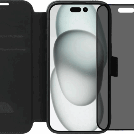 BlueBuilt Apple iPhone 16 Book Case Leer Zwart + Privacy Screenprotector Glas Duo Pack
