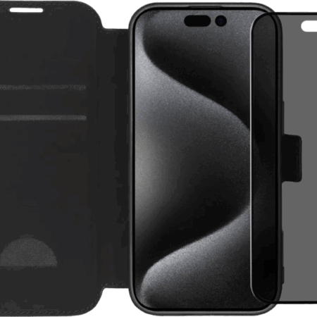 BlueBuilt Apple iPhone 16 Pro Book Case Leer Zwart + Privacy Filter Screenprotector Glas