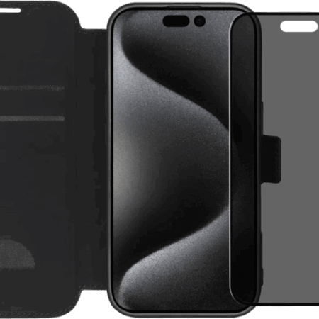 BlueBuilt Apple iPhone 16 Pro Book Case Leer Zwart + Privacy Screenprotector Glas Duo Pack