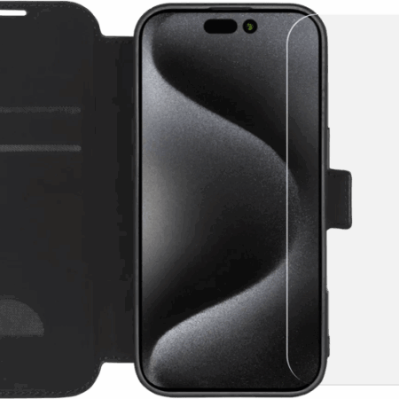 BlueBuilt Apple iPhone 16 Pro Book Case Leer Zwart + Screenprotector Glas Duo Pack