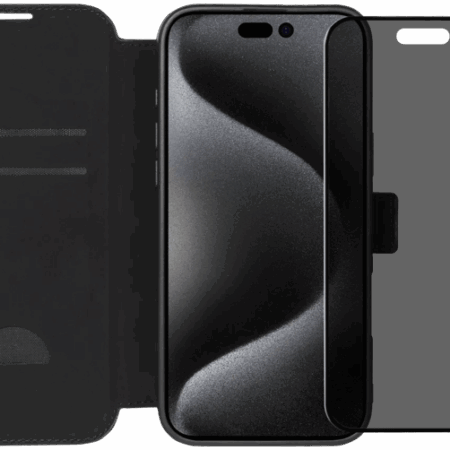 BlueBuilt Apple iPhone 16 Pro Max Book Case Leer Zwart + Privacy Screenprotector Duo Pack
