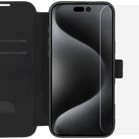 BlueBuilt Apple iPhone 16 Pro Max Book Case Leer Zwart + Screenprotector Glas Duo Pack