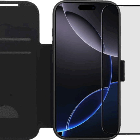 BlueBuilt Apple iPhone 17 Pro Book Case Leer Zwart + Screenprotector Glas Duo Pack