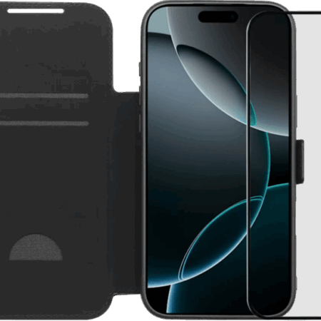 BlueBuilt Apple iPhone 17 Pro Max Book Case Leer Zwart + BlueBuilt iPhone 17 Pro Max Screenprotector Glas