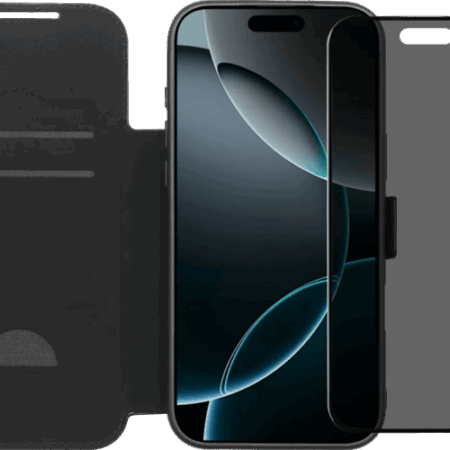 BlueBuilt Apple iPhone 17 Pro Max Book Case Leer Zwart + Privacy Screenprotector Duo Pack