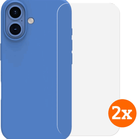 BlueBuilt Back Cover iPhone 16 Blauw + Screenprotector Glas Duo Pack