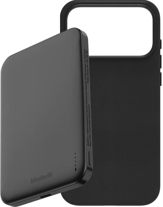 BlueBuilt MagSafe Hoesje iPhone 18 Pro Max Leer Zwart + Powerbank 5.000 mAh Grijs