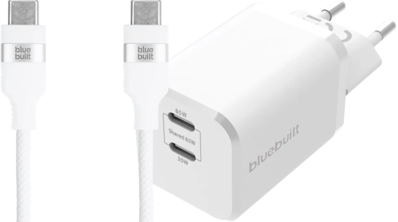 BlueBuilt Power Delivery Oplader met 2 Usb C Poorten 65W + Usb C Kabel 1
