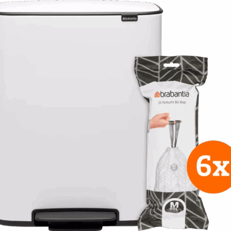 Brabantia Bo Pedal Bin 60 Liter White + Vuilniszakken (120 stuks)
