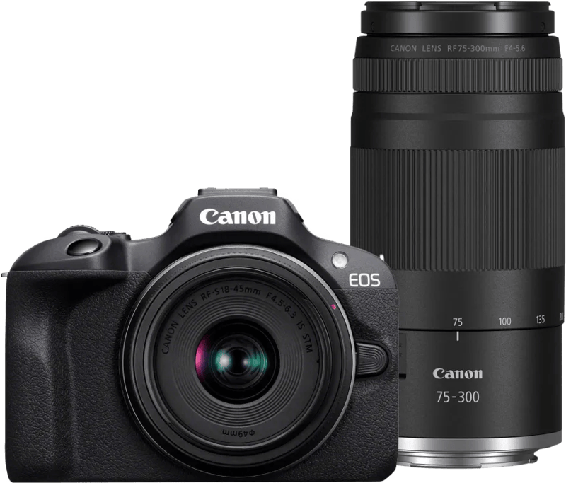 Canon EOS R100 Zwart + RF-S 18-45mm f/4.5-6.3 IS STM + RF 75-300mm f/4-5.6