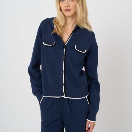 Cardigan met capuchon in katoenmix met contrastbies