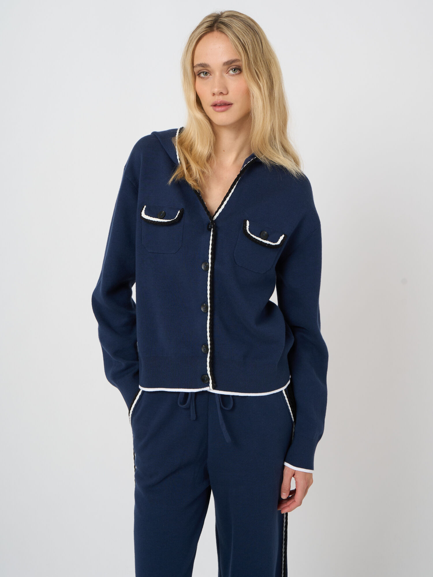 Cardigan met capuchon in katoenmix met contrastbies