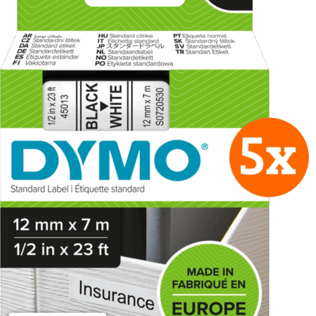 DYMO D1 12mm x 7m Zwart Wit Labels 5-pack