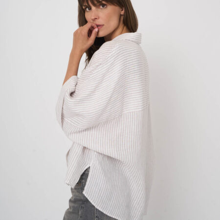 Dames linnen blouse gestreept met vleermuismouwen