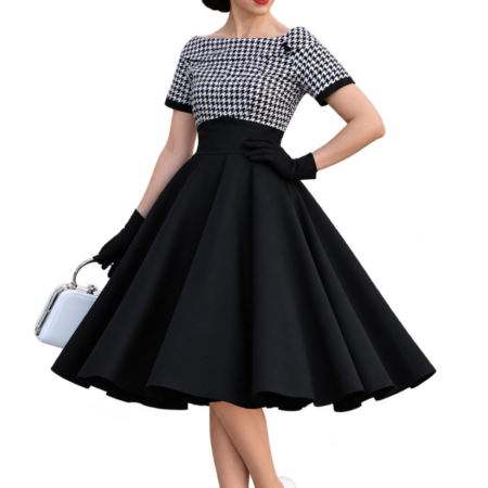 Darlene Collar Circle Dress Houndstooth Black White -2XL | Dolly and Dotty