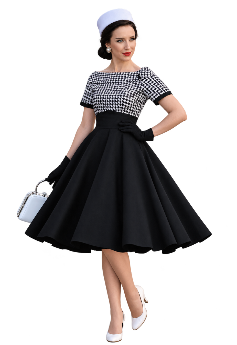 Darlene Collar Circle Dress Houndstooth Black White -2XL | Dolly and Dotty