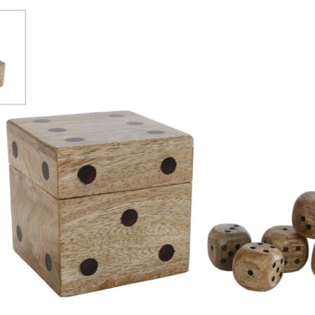 Dobbelsteen Dice met 5 dobbelstenen naturel mango 9x9x9cm