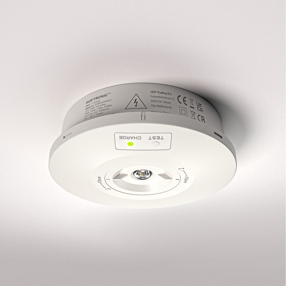 Fuga - LED Opbouwspot Rond Noodverlichting Wit - 3W 280lm - Verwisselbare lens - IP65 - 3 uur noodaccu (3300 mAh) - 6500K - Autotest functie | HOFTRONIC