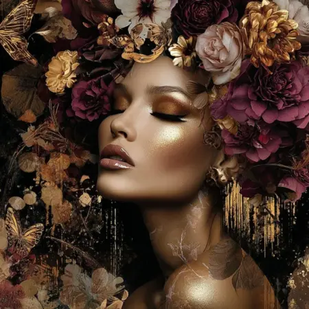Glasschilderij Gouden vrouw met bloemen 1 120x80 cm