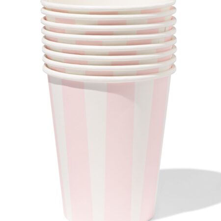 Bekers 250ml papier strepen - 8 stuks (roze)