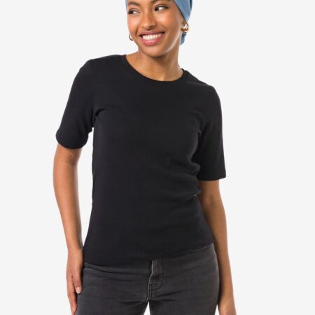 Dames T-shirt Clara rib zwart