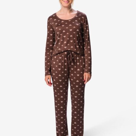 Damespyjama brushed micro hartjes bruin