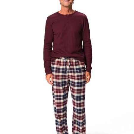 Herenpyjama wafel flanel ruiten bordeauxrood
