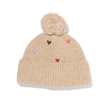Kindermuts hartjes pompon taupe