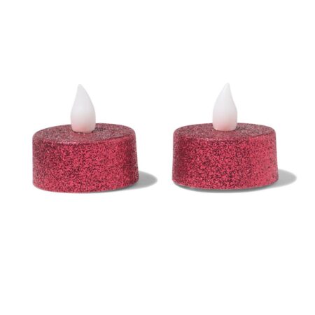 Led-theelichtjes ⌀3.8x3.6cm glitter rood - 2 stuks