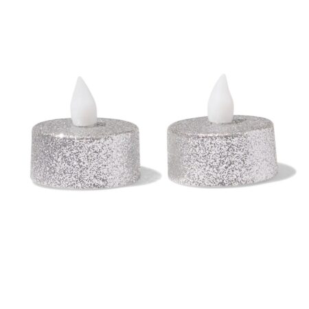 Led-theelichtjes ⌀3.8x3.6cm glitter zilver - 2 stuks