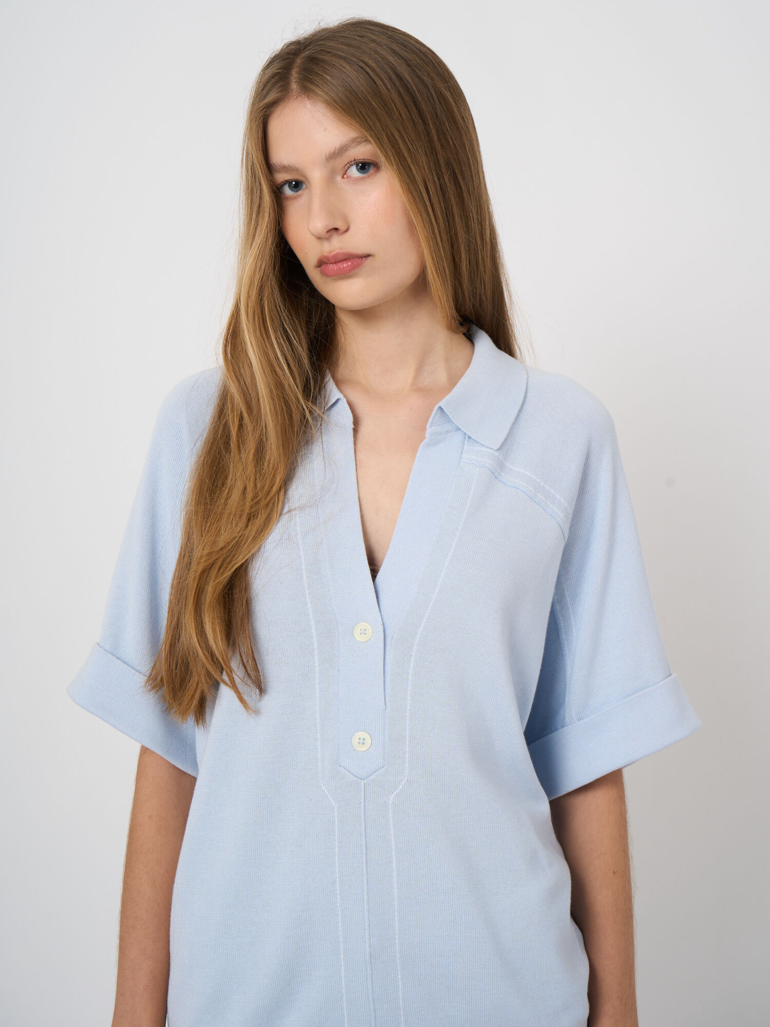 Katoen-viscose polotrui met open kraag