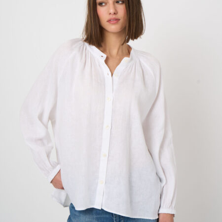 Linnen damesblouse met opstaande kraag & raglanmouwen