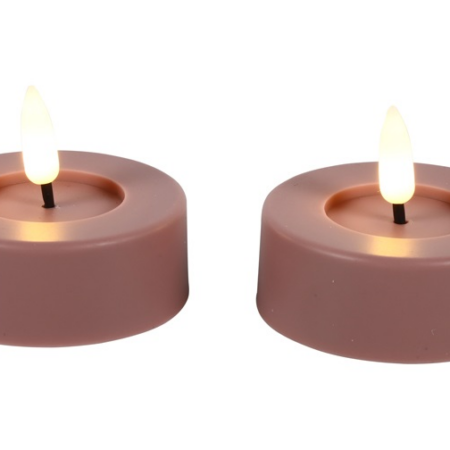 Maxi theelicht rustiek LED rond Lyon roze 2 stuks hoogte 5