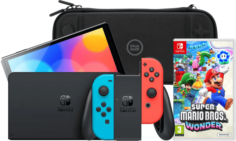 Nintendo Switch OLED Blauw/Rood + Super Mario Bros. Wonder + BlueBuilt Beschermhoes