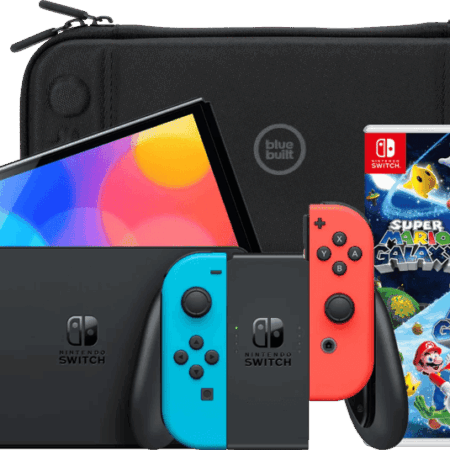 Nintendo Switch OLED Blauw/Rood + Super Mario Galaxy 1+2 + BlueBuilt Beschermhoes
