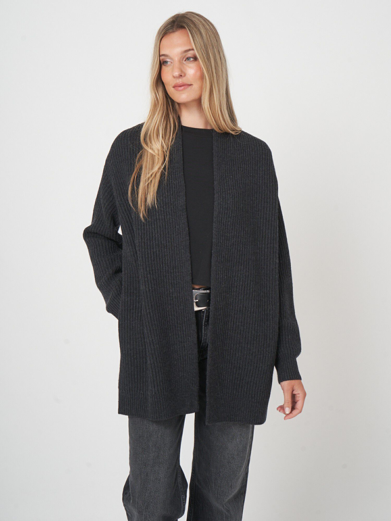 Open front merinowollen vest met ribstructuur