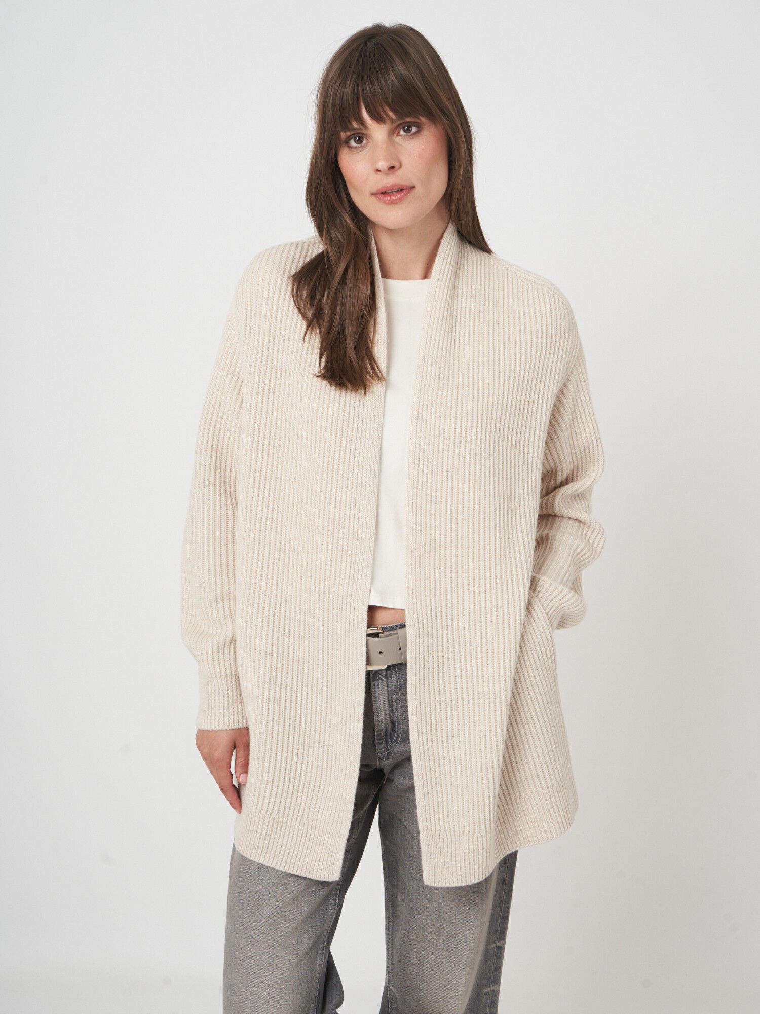 Open front merinowollen vest met ribstructuur