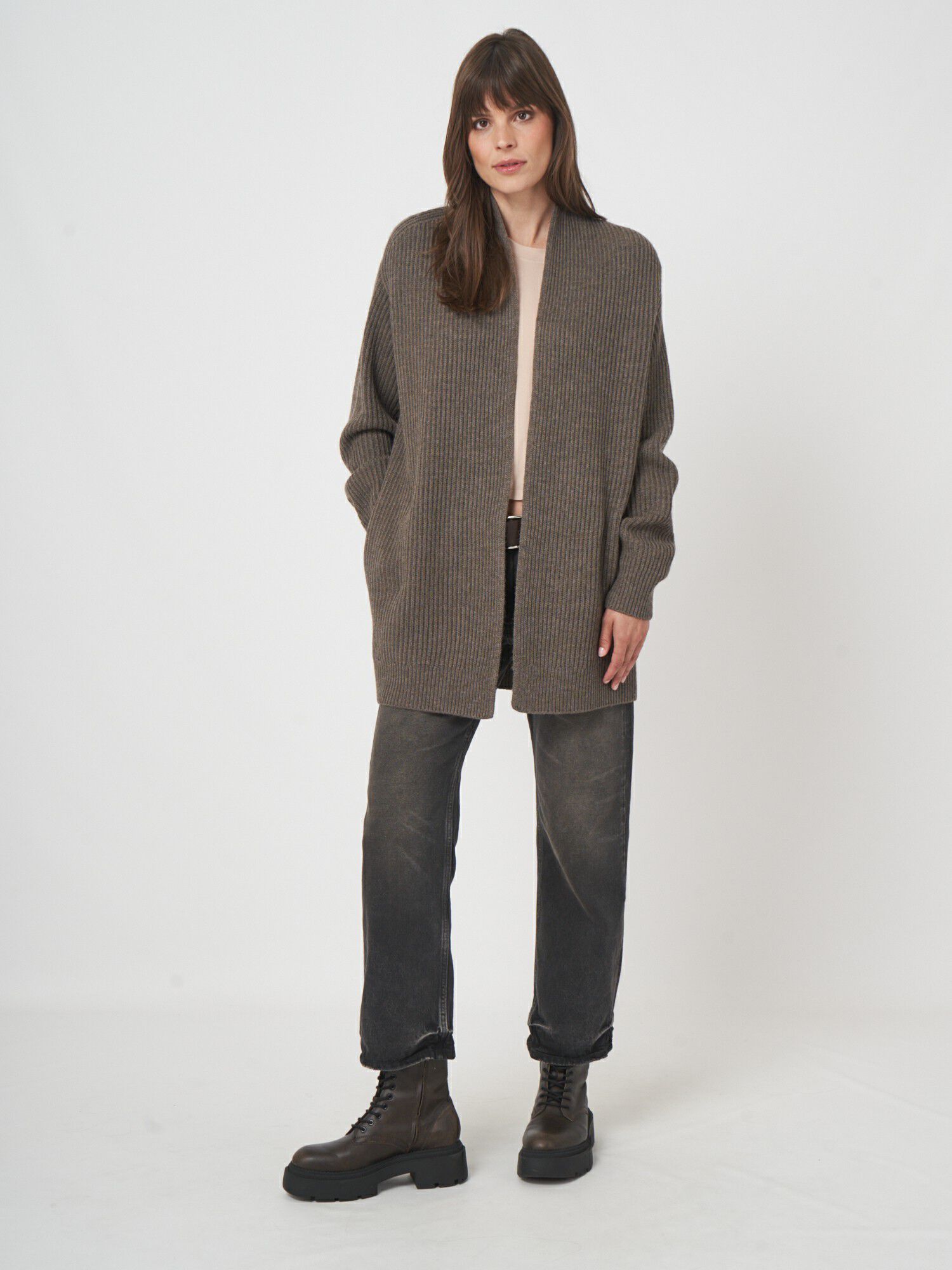 Open front merinowollen vest met ribstructuur